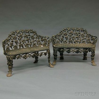 Pair of Black-painted Cast Iron Grapevine Pattern Garden Settees