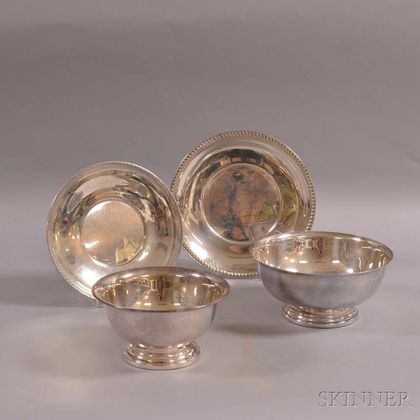 Two Sterling Plates and Two Silver-plated Paul Revere Reproduction Bowls