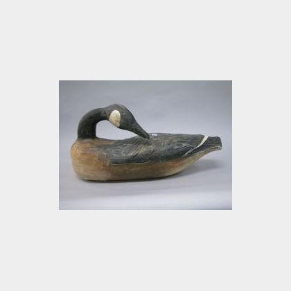 Hank Walker Carved and Painted Wooden Preening Canada Goose Decoy. 