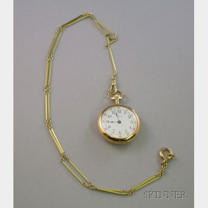14kt Gold and Diamond Waltham Sapphire Open Face Pocket Watch with 14kt Gold Chain