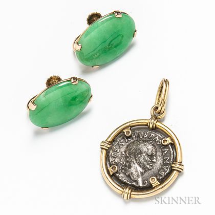 14kt Gold-mounted Ancient Coin Pendant and a Pair of Jadeite Earclips