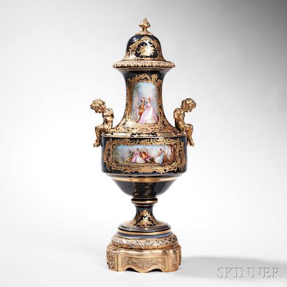 Sevres-style Porcelain and Bronze-mounted Urn and Cover