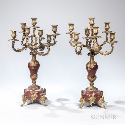 Pair of Louis XV-style Gilt-bronze and Marble Seven-light Candelabra