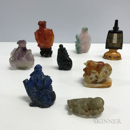 Eight Mostly Stone Snuff Bottles and Small Carvings