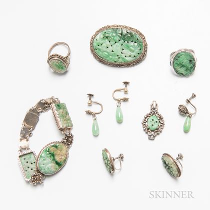 Group of Chinese Carved Jadeite and Silver Jewelry