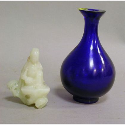 Chinese Carved Jade Kuan Yin and a Peking Cobalt Glass Bottle Vase. 