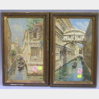 Pair of Gilt Gesso Framed Watercolor Venetian Canal Views