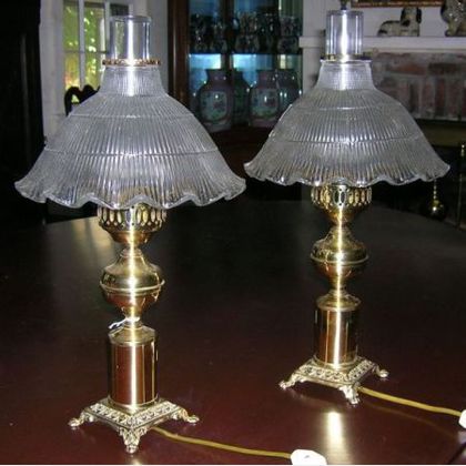 Pair of Victorian-style Brass Table Lamps with Colorless Ruffled Glass Shades. 