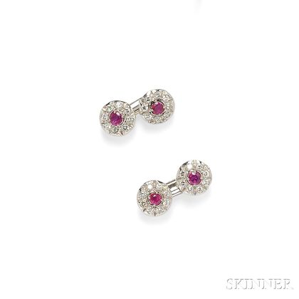 18kt White Gold, Ruby, and Diamond Cuff Links