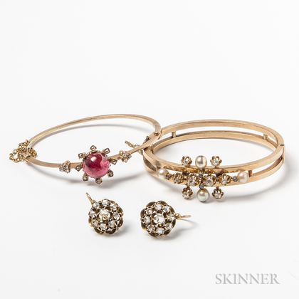 Two 14kt Gold and Rose-cut Diamond Hinged Bangles and a Pair of Rose-cut Diamond Earpendants