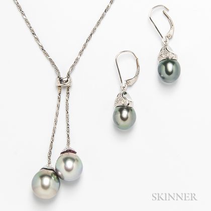 14kt White Gold and Tahitian Pearl Necklace and Earrings