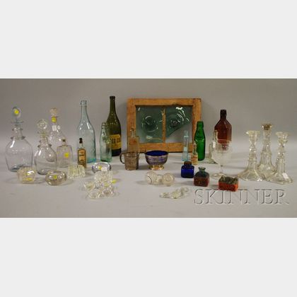 Group of Assorted Silver and Glass Table Items and Twelve Glass Bottles