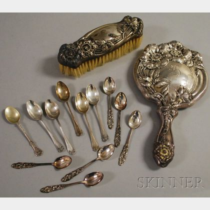 Two-Piece Sterling Vanity Set and Eleven Assorted Silver Demitasse Spoons. 