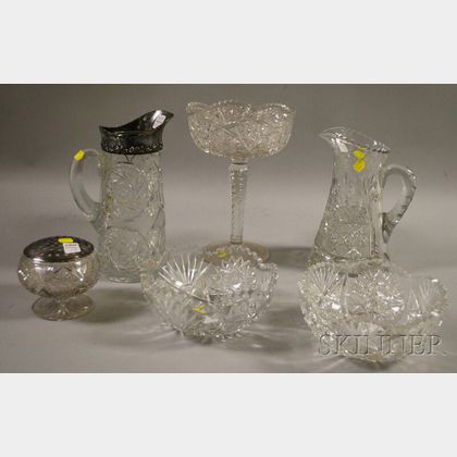 Five Pieces of Colorless Cut Glass and a Silver-plate Mounted Pressed Glass Pitcher