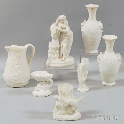 Pair of Parian Grapevine-decorated Vases, Pitcher, Figurine, and Three Small Containers