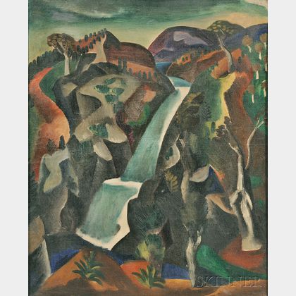 Central European School, 20th Century Hilly Landscape with Waterfall