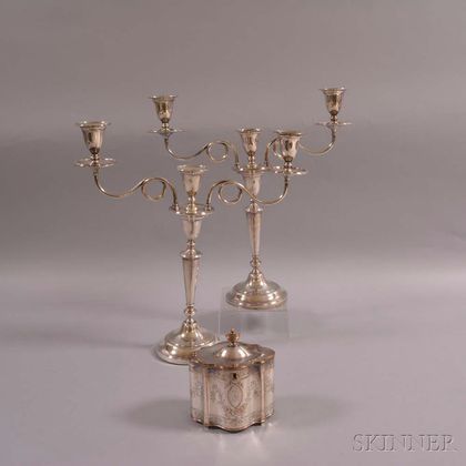 Pair of Silver-plated Convertible Three-light Candelabra and a Silver-plated Biscuit Box