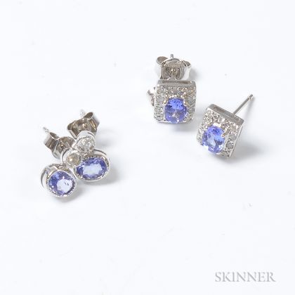 Two Pairs of 14kt White Gold, Tanzanite, and Diamond Earrings