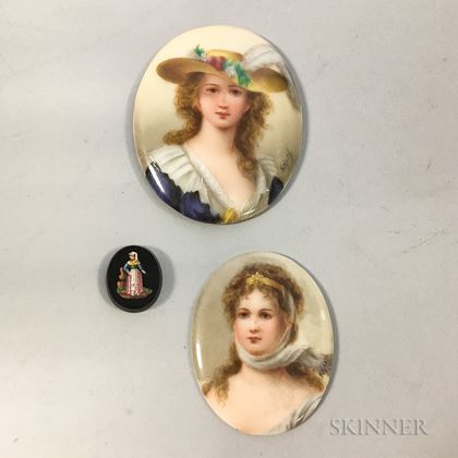 Two Miniature Portrait Porcelain Plaques and a Micromosaic Roundel of a Woman