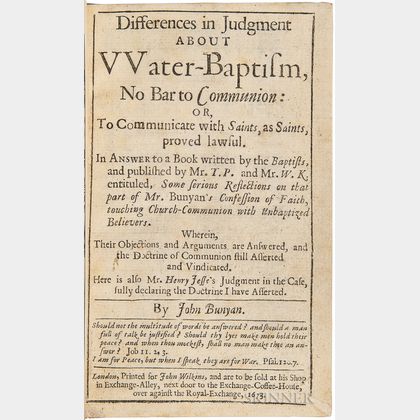 Bunyan, John (1628-1688) Differences in Judgment about Water-Baptism, No Bar to Communion.