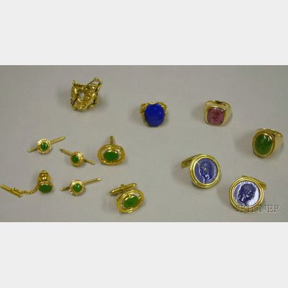 Assorted 14kt and 18kt Gold and Hardstone Mens Rings, Cuff Links, and Studs. 