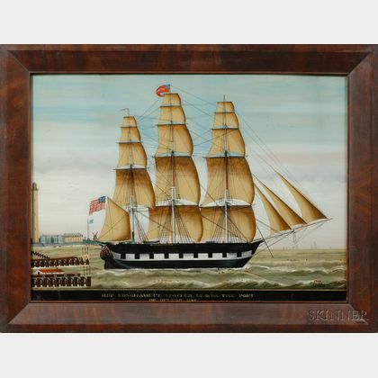 American School, 19th Century, SHIP KONOHASSETT, J. FOSTER LEAVING THE PORT OF OSTEND, 1843.