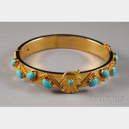 14kt Gold, Gilt Silver, and Turquoise Art Nouveau-style Bangle