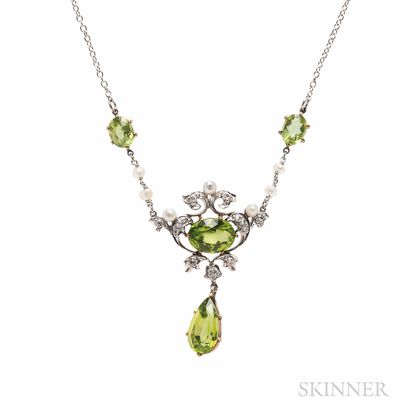 Edwardian Peridot, Diamond, and Pearl Necklace
