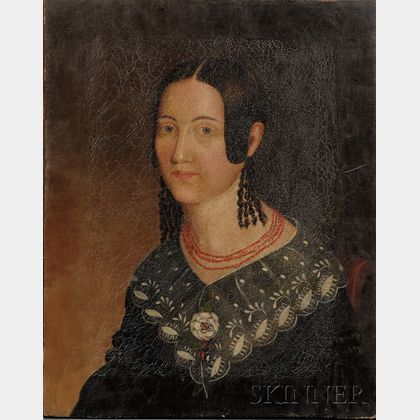 American School, 19th Century Portrait of a Young Woman Wearing a Coral Beaded Necklace.