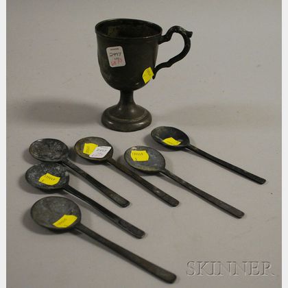 Victorian Pewter Footed Cup and a Set of Six Pewter Spoons. 