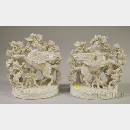 Pair of Modern Italian White Crackle Glazed Porcelain Pegasus Figural Groups
