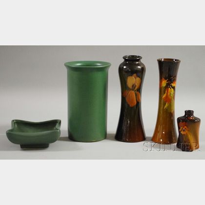 Three Arts & Crafts Standard Glazed Floral-decorated Vases and a Matte Green Glazed Art Pottery Vase and Bowl