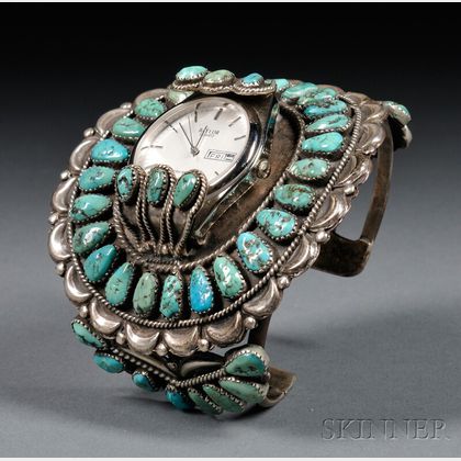 Zuni Turquoise and Silver Watch Band. 