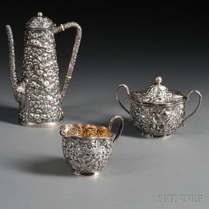 Three-piece Repousse-decorated Sterling Silver Tea Service