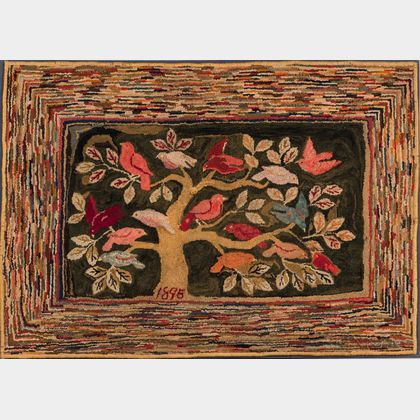 Hooked Rug with Birds in a Tree