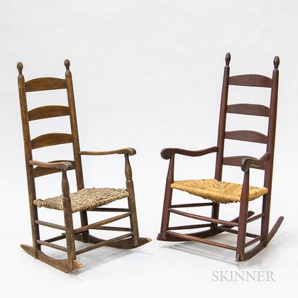 Two Country Turned Maple Ladder-back Armed Rocking Chairs