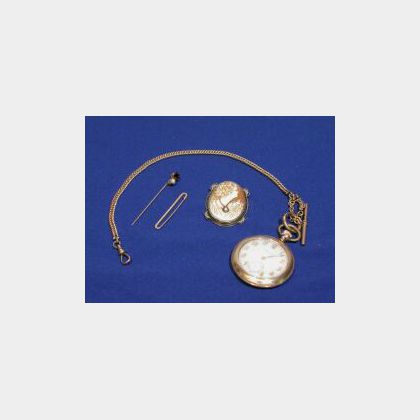 Admiral Openface Pocketwatch, Cameo Brooch and a Pearl and Red-stone Stick Pin. 