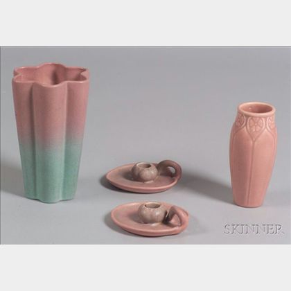 Rookwood Pottery Vase and Pair of Chambersticks and a Pfaltzgraff Pottery Vase