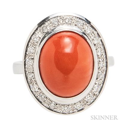 18kt Gold, Coral, and Diamond Ring