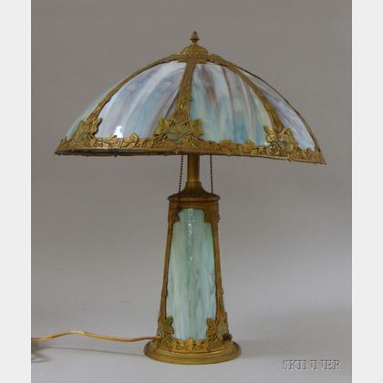 Painted Metal Overlaid and Bent Slag Glass Panel Table Lamp with Illuminated Base