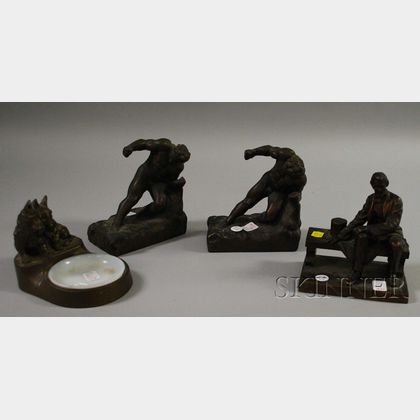 Pair of Patinated Copper-clad Strong Man Figural Bookends, a Scotties Figural Metal Pin/Ashtray, and a Single Patinated Metal Abraha...