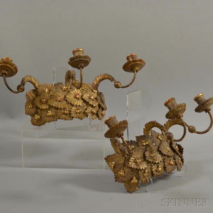 Pair of Carved and Gilt-gesso Three-light Wall Sconces