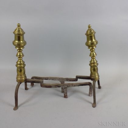 Two Pairs of Brass Ring-turned Andirons