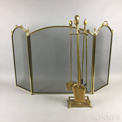 Brass and Mesh Firescreen and a Set of Shell-handled Fire Tools and Stand. Estimate $200-250