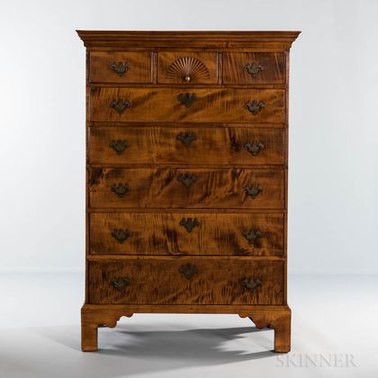 Carved Tiger Maple Tall Chest of Drawers