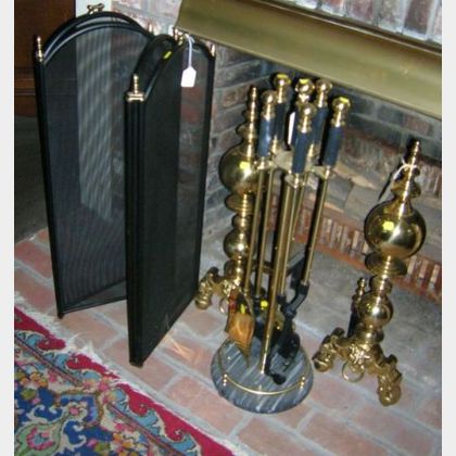 Pair of Georgian-style Brass Andirons, a Set of Five Tools on Stand, and a Brass and Wire Four-part Folding Fireplace Screen. 