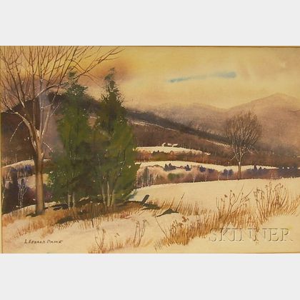 Framed Watercolor on Paper/board Landscape, Winter Fields and Farm