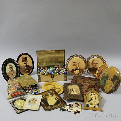 Small Collection of Lithographed Tin Portraits, a Scrapbook Album, and a Group of Marbles