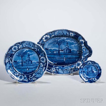 Three Staffordshire Historical Blue Transfer-decorated Winter View of Pittsfield, Massachusetts, Items