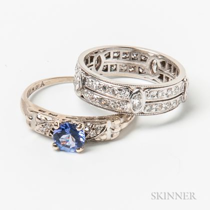 18kt White Gold and Diamond Band and a 14kt White Gold, Tanzanite, and Diamond Ring